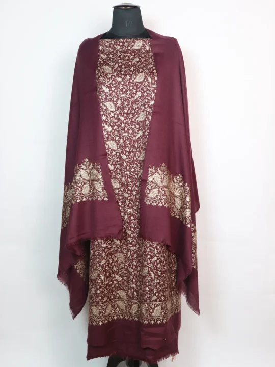 Mubashira Wine Wool Suit In Zari Work With Dupatta 3Pc