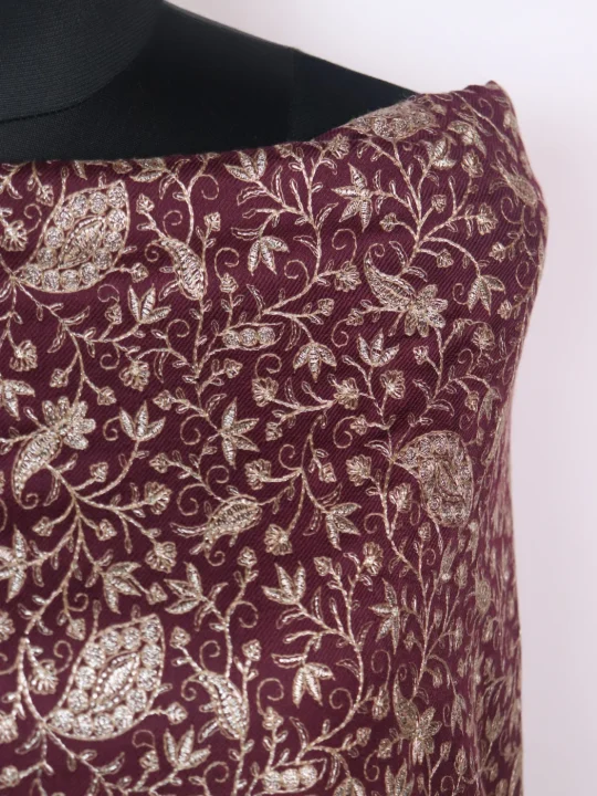 Mubashira Wine Wool Suit In Zari Work With Dupatta 3Pc - Image 3
