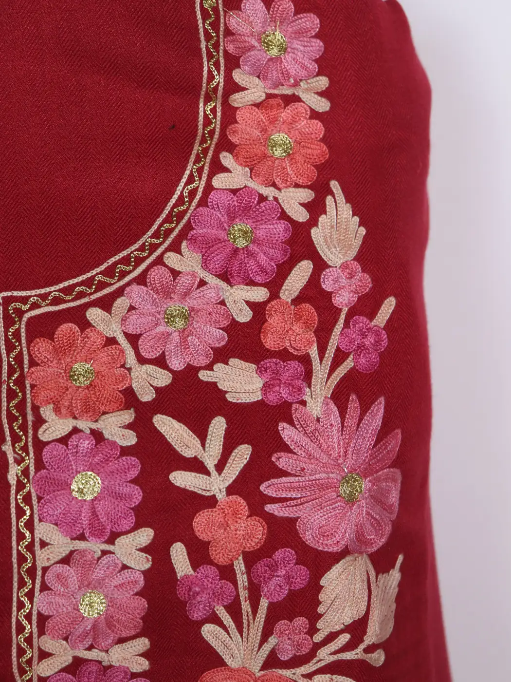 Sana Kashmiri Dress Material In Cotswool With Aari Work And Dupatta 3Pc | Red - Image 3
