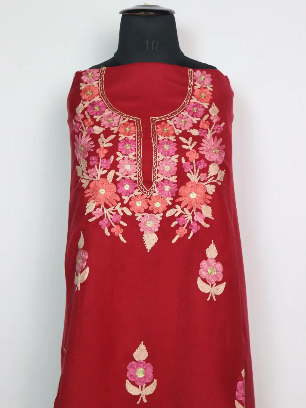 Sana Kashmiri Dress Material In Cotswool With Aari Work And Dupatta 3Pc | Red - Image 2