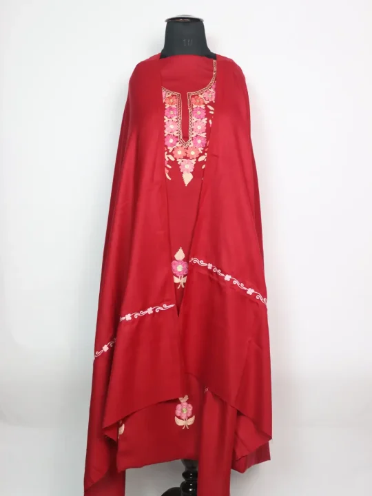 Sana Kashmiri Dress Material In Cotswool With Aari Work And Dupatta 3Pc | Red