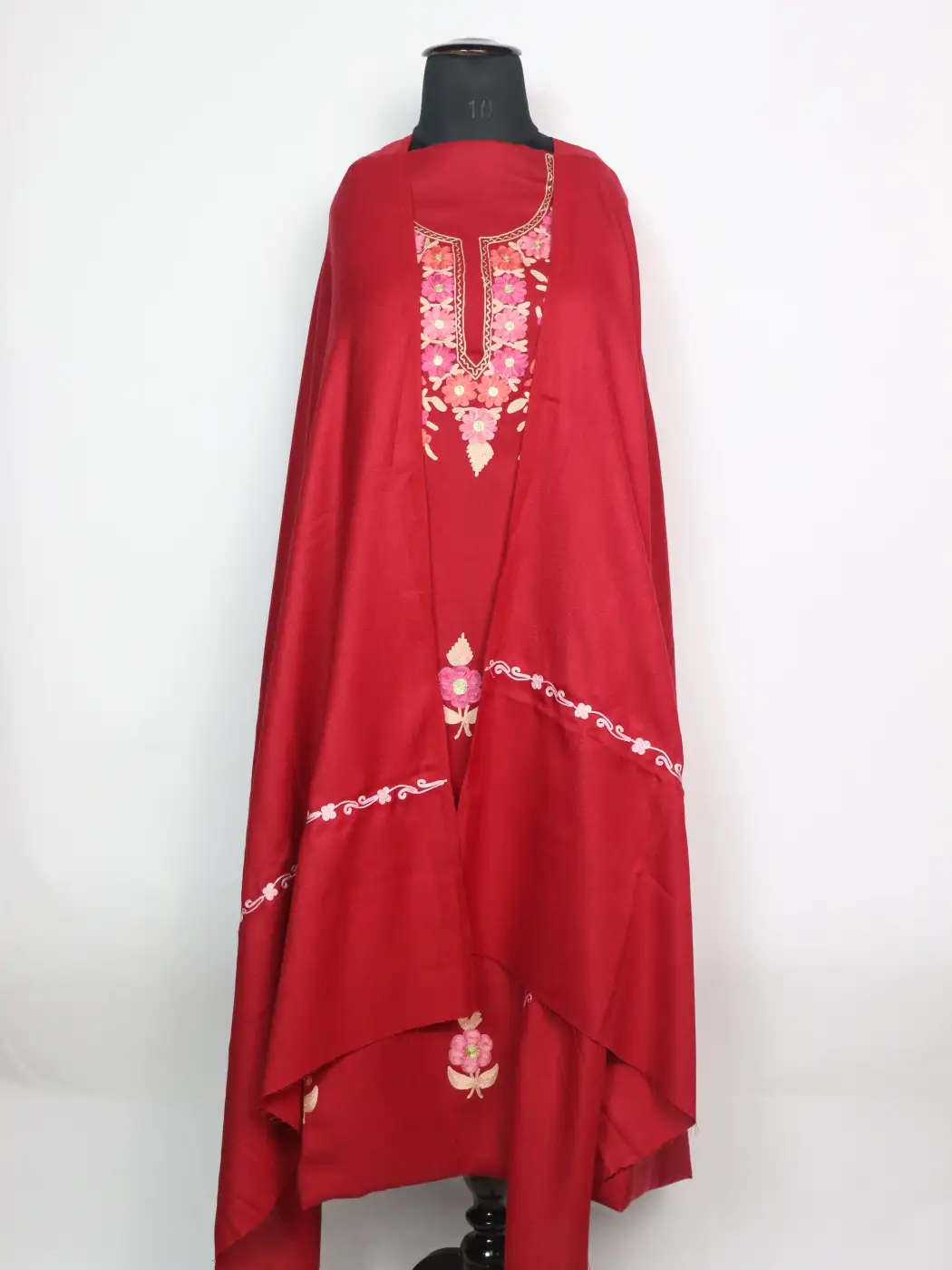 Sana Kashmiri Dress Material In Cotswool With Aari Work And Dupatta 3Pc | Red