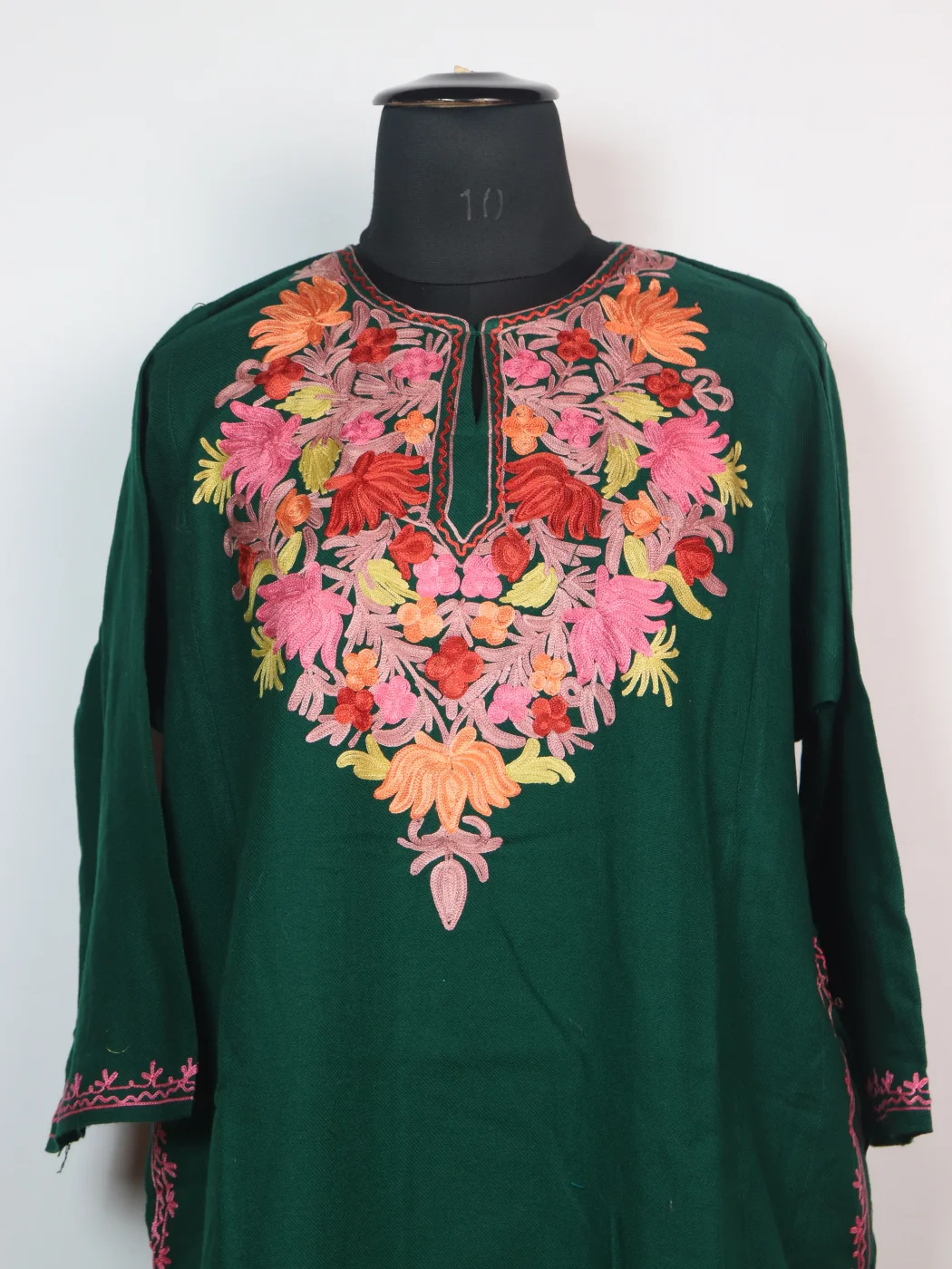 Zaira Kashmiri Pheran In Cashmilon wool With Aari Embroidery | Green - Image 2