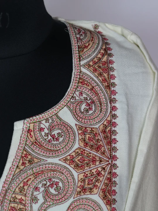 White Kashmiri Pheran In Cashmilon Wool With Sozni Embroidery | Zabarwan - Image 3