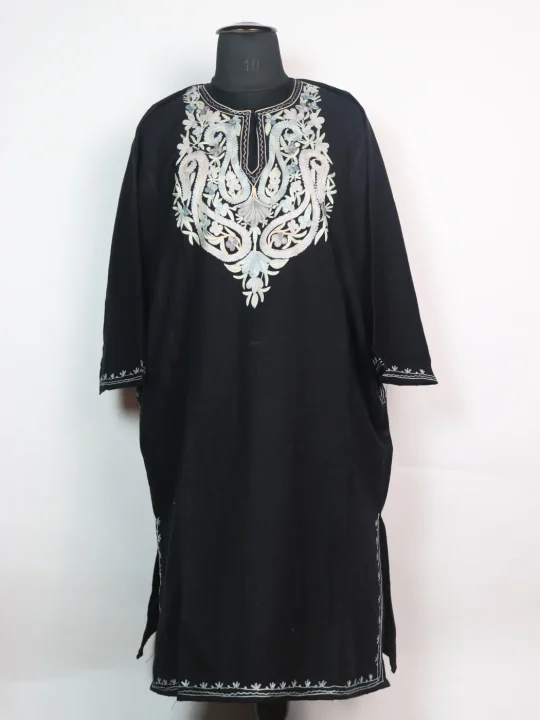Kashmiri Pheran In Black Cashmilon wool With Aari Embroidery | Kubra