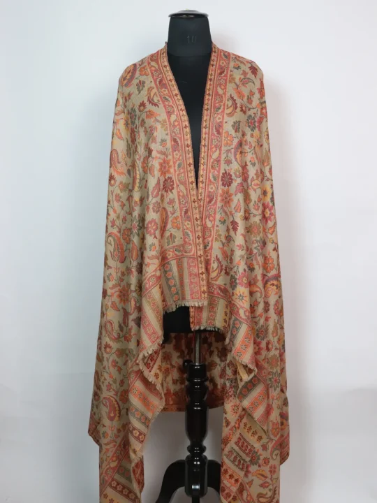 Zaira Kashmiri Shawl with Kani Patterned for Women in Wool | Beige