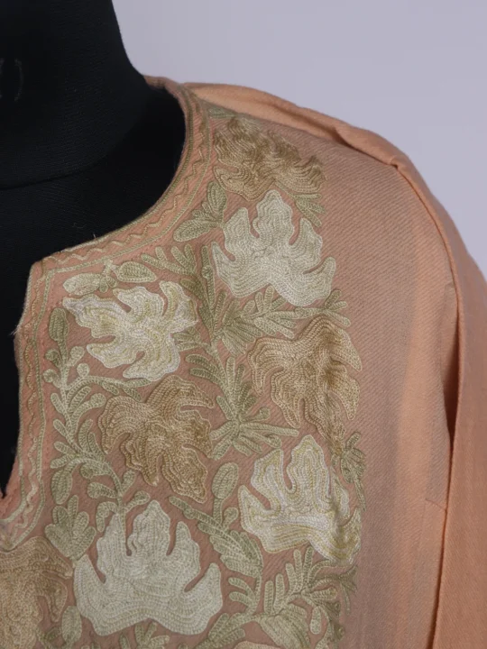 Peach Kashmiri Pheran With Embroidered Neck Work | Roshnaaz - Image 3