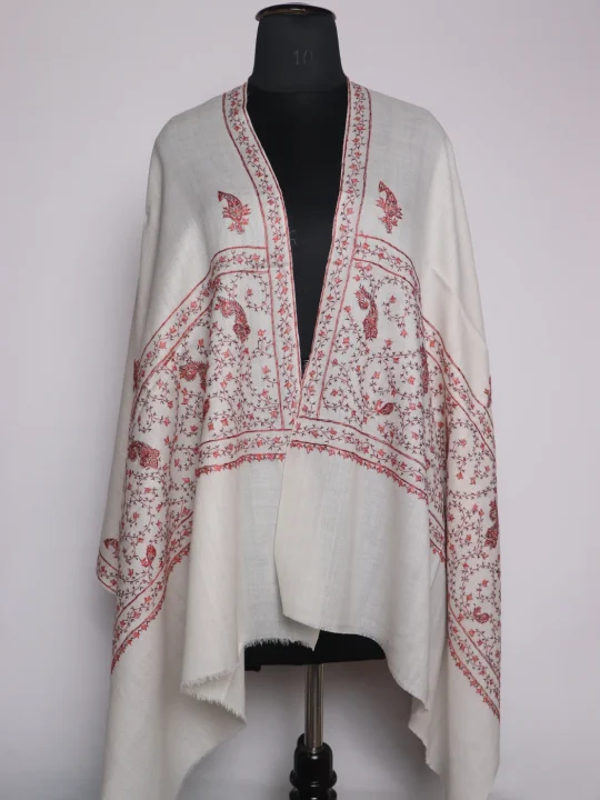 Kashmiri Stole In Polywool With Hand Sozni Embroidery | Off White | Zoon