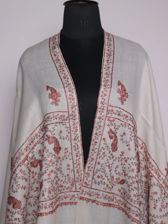 Kashmiri Stole In Polywool With Hand Sozni Embroidery | Off White | Zoon - Image 2