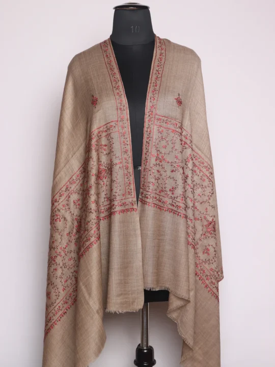 Zarqash Kashmiri Stole In Polywool With Hand Sozni Embroidery | Beige