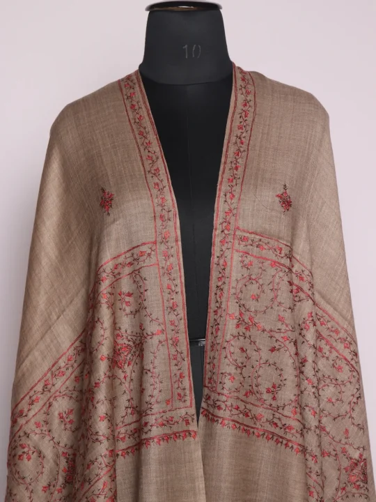 Zarqash Kashmiri Stole In Polywool With Hand Sozni Embroidery | Beige - Image 2