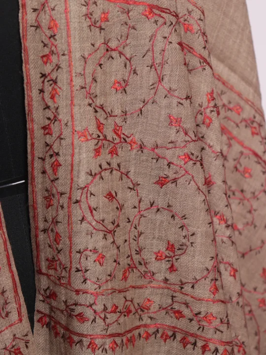 Zarqash Kashmiri Stole In Polywool With Hand Sozni Embroidery | Beige - Image 3