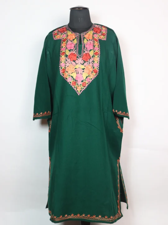 Kashmiri Pheran In Green Cashmilon wool With Aari Embroidery |  Aqsa