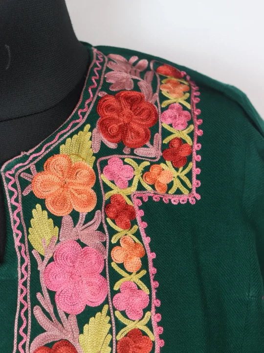 Kashmiri Pheran In Green Cashmilon wool With Aari Embroidery | Aqsa - Image 3