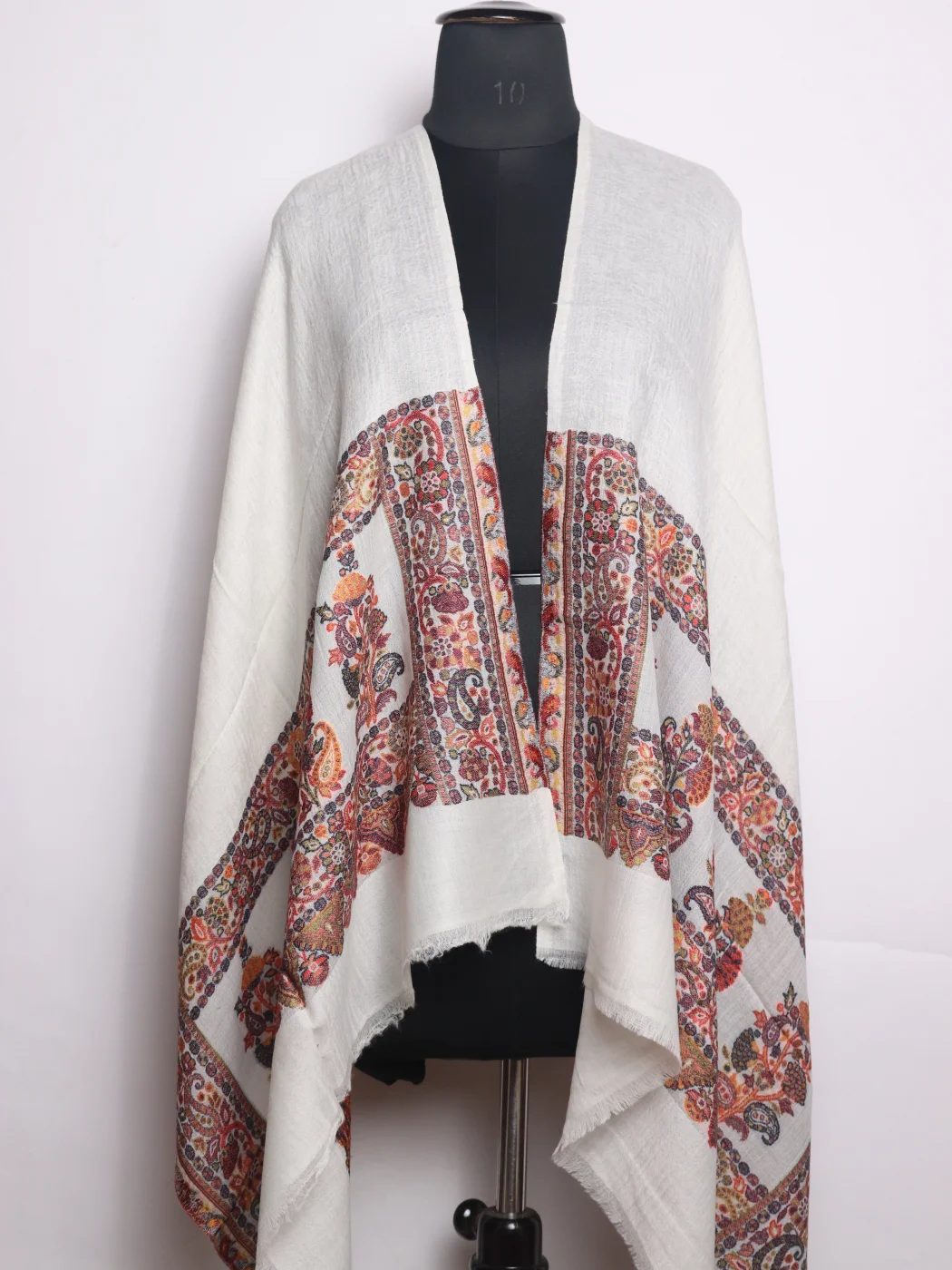 Kashmiri Stole In WhiteFine Wool With Palla Kani Work | Tahira