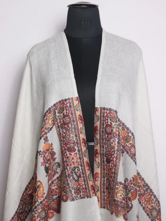 Kashmiri Stole In WhiteFine Wool With Palla Kani Work | Tahira - Image 2