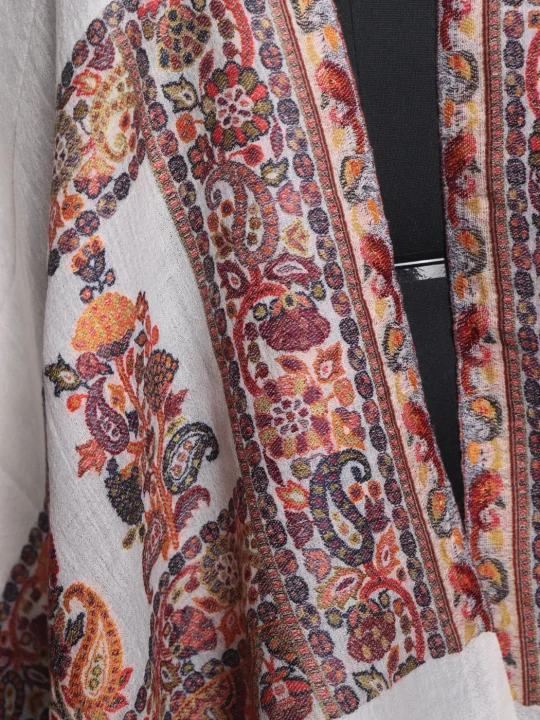 Kashmiri Stole In WhiteFine Wool With Palla Kani Work | Tahira - Image 3