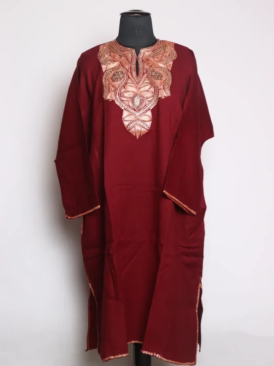 Maroon Kashmiri Pheran In Raffal Wool With Botte Tilla Embroidery | Sania