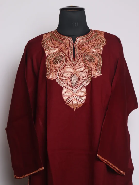 Maroon Kashmiri Pheran In Raffal Wool With Botte Tilla Embroidery | Sania - Image 2