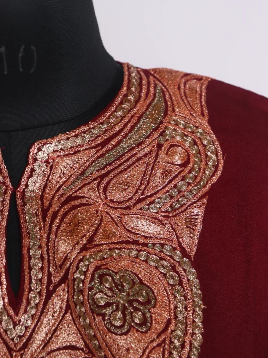 Maroon Kashmiri Pheran In Raffal Wool With Botte Tilla Embroidery | Sania - Image 3