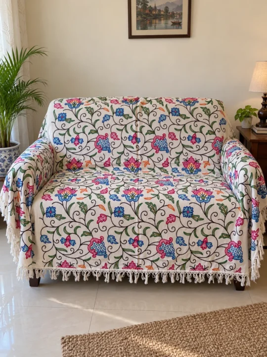 Aqsa Kashmiri Sofa Throw Cover In Hand Crewel Embroidery