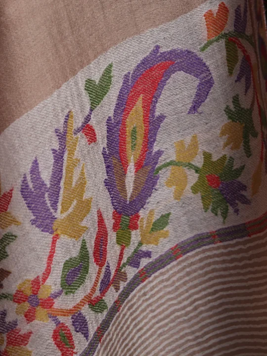 Sheen Kashmiri Stole In Fine Wool With Palla Kani Work | Beige - Image 3