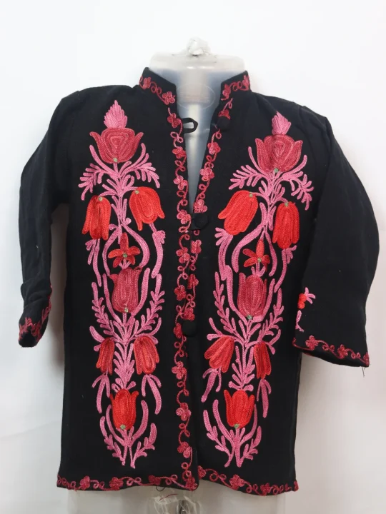Rida Kashmiri Kids Coat Black In Cashmilon Wool With Aari Embroidery And Jama Work (L18)