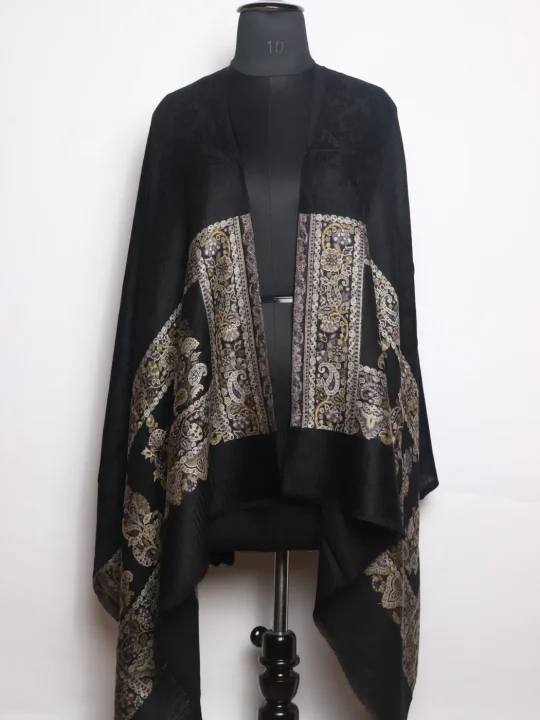 Fazeela Kashmiri Fine Wool Stole With Palla Kani Work | Black