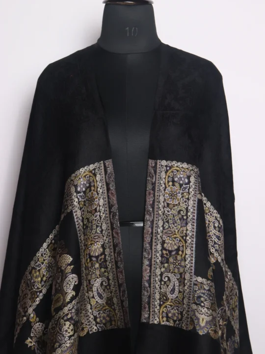 Fazeela Kashmiri Fine Wool Stole With Palla Kani Work | Black - Image 2
