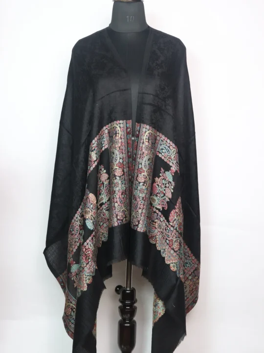 Rabia Kashmiri Stole In Fine Wool With Palla Kani Work | Black