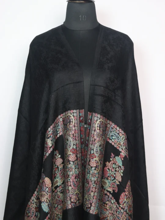 Rabia Kashmiri Stole In Fine Wool With Palla Kani Work | Black - Image 2