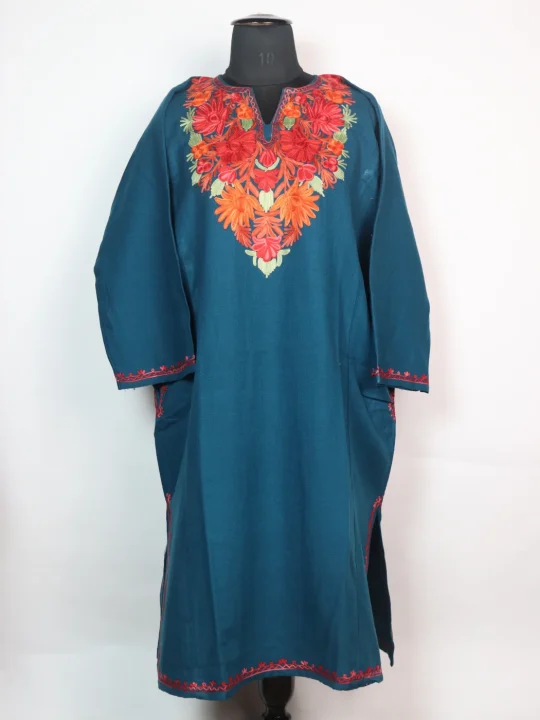 Iqra Kashmiri Pheran In Cashmilon wool With Aari Embroidery | Blue