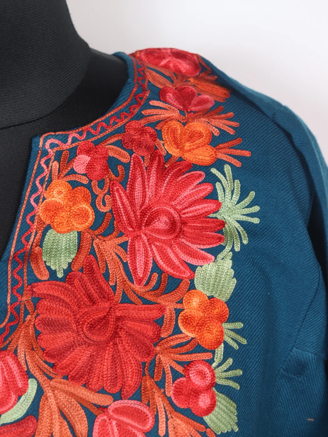 Iqra Kashmiri Pheran In Cashmilon wool With Aari Embroidery | Blue - Image 3