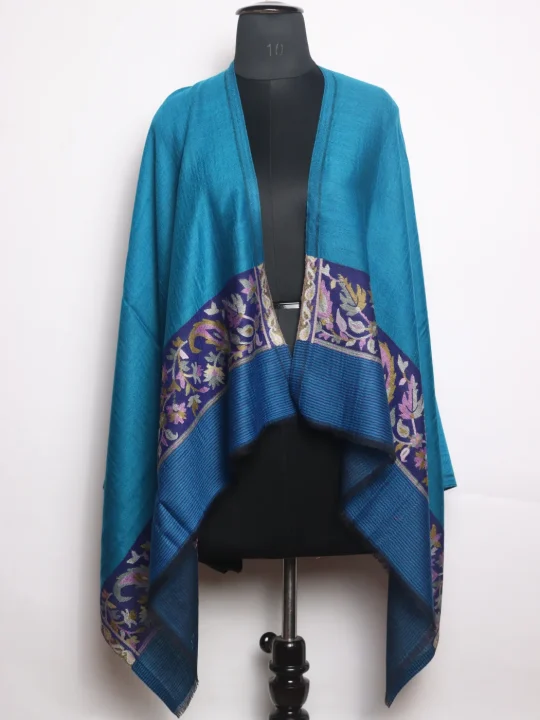 Naima Kashmiri Stole In Fine Wool With Palla Kani Work | Turquoise Blue