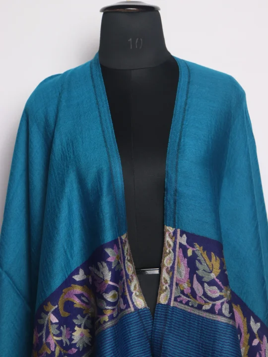 Naima Kashmiri Stole In Fine Wool With Palla Kani Work | Turquoise Blue - Image 2