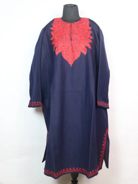 Shagufta Kashmiri Pheran In Tweed Wool With Aari Embroidery | Navy Blue