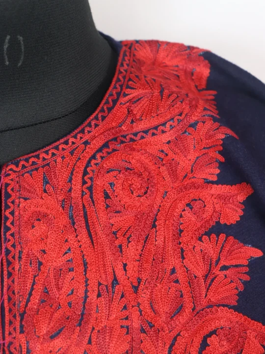 Shagufta Kashmiri Pheran In Tweed Wool With Aari Embroidery | Navy Blue - Image 3