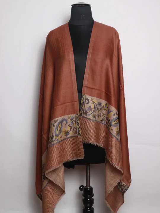 Sunair Kashmiri Stole In Fine Wool With Palla Kani Work | Chocolate Brown