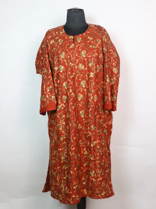 Kashmiri Pheran In Rust Cashmilon wool With All Over Aari Embroidery | Gauher