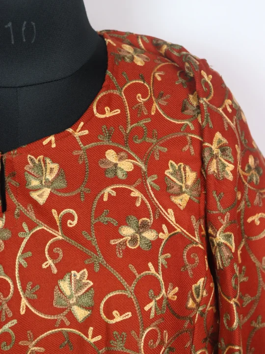 Kashmiri Pheran In Rust Cashmilon wool With All Over Aari Embroidery | Gauhar - Image 3