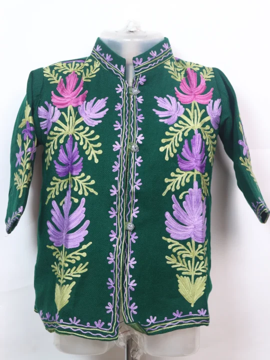 Areeba Kashmiri Kids Coat Green In Cashmilon Wool With Aari And Jama Work (L18)