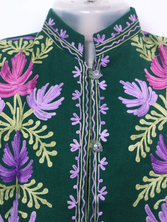 Areeba Kashmiri Kids Coat Green In Cashmilon Wool With Aari And Jama Work (L18) - Image 2