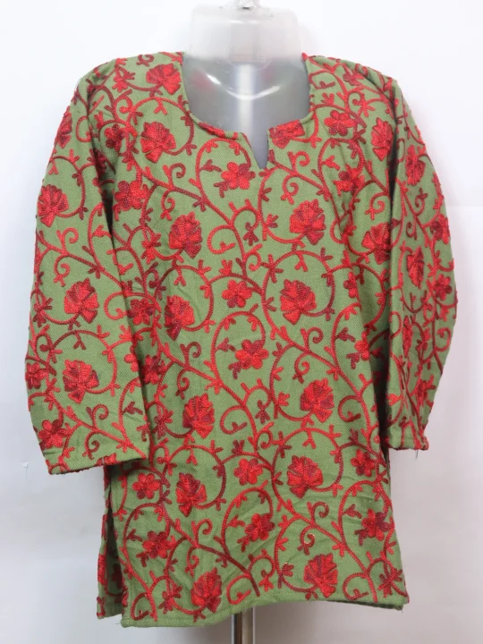 Mehtaab Kashmiri Kurti For Girls In Olive Green Cashmilon Wool With Aari Work (2–3 Yrs)