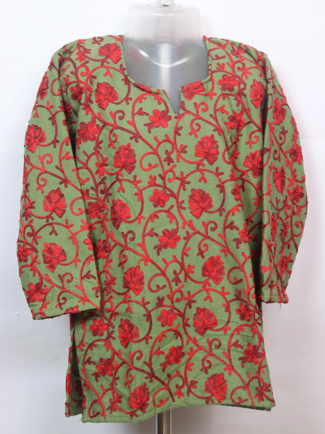 Mehtaab Kashmiri Kurti For Girls In Olive Green Cashmilon Wool With Aari Work (2–3 Yrs)