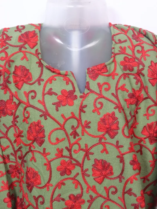 Mehtaab Kashmiri Kurti For Girls In Olive Green Cashmilon Wool With Aari Work (2–3 Yrs) - Image 2