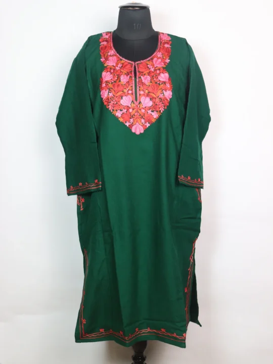 Kashmiri Pheran Siyam In Cashmilon wool With Aari Embroidery | Forest Green