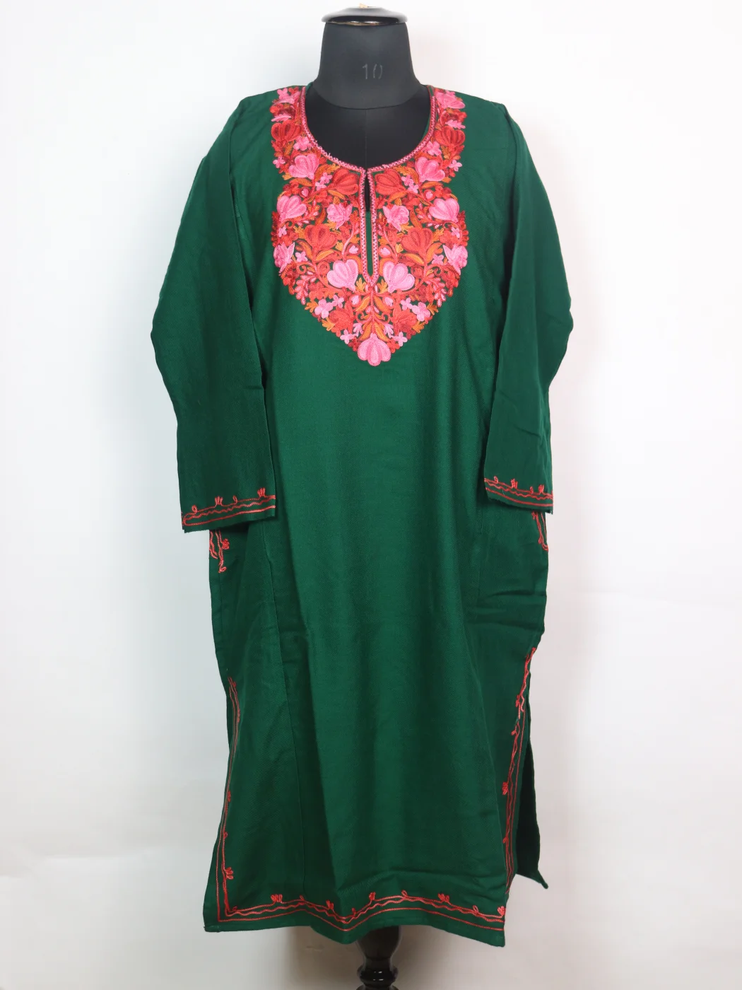Kashmiri Pheran Siyam In Cashmilon wool With Aari Embroidery | Forest Green