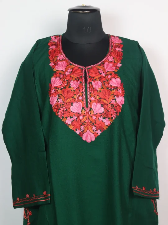 Kashmiri Pheran Siyam In Cashmilon wool With Aari Embroidery | Forest Green - Image 2
