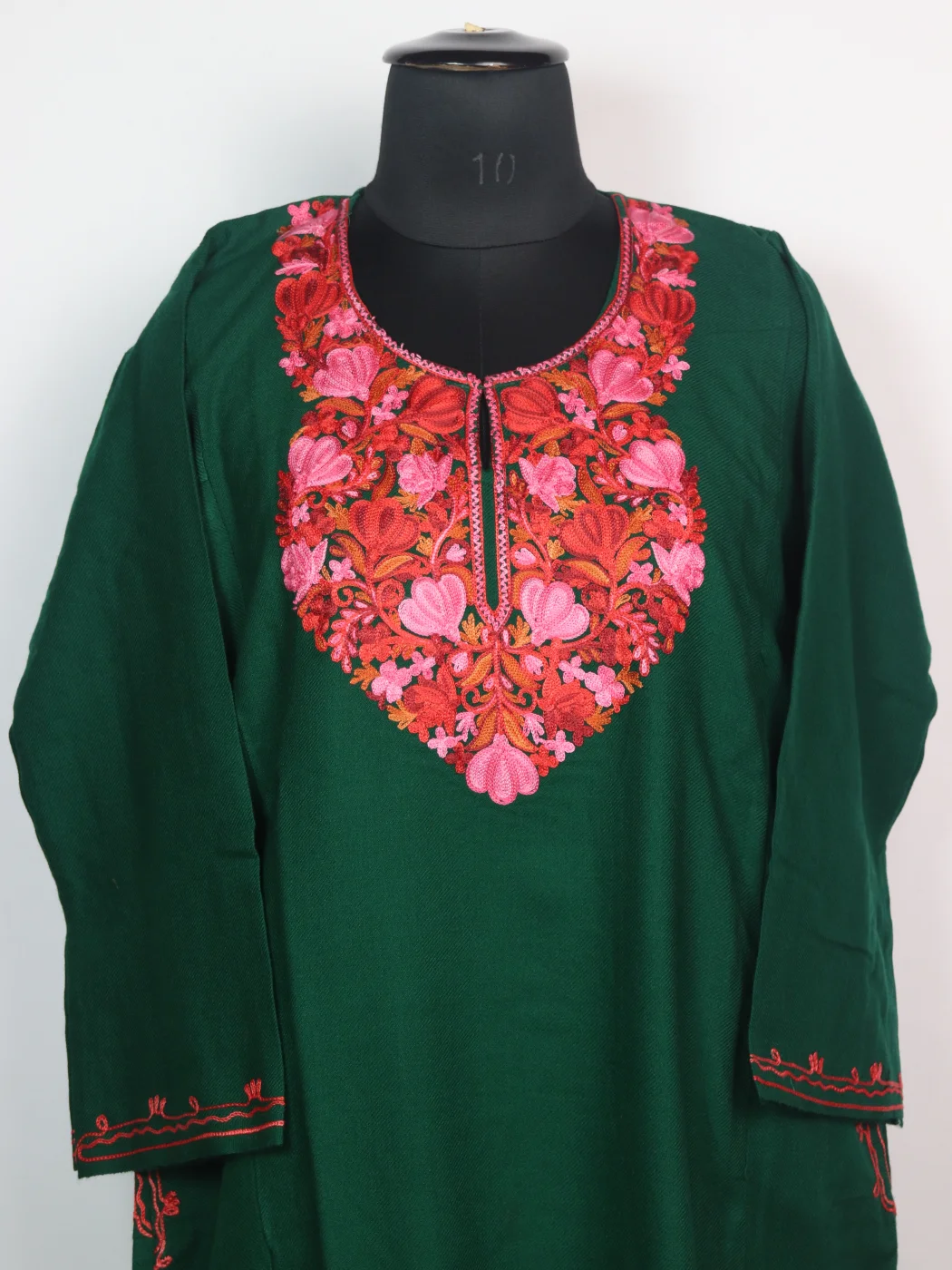 Kashmiri Pheran Siyam In Cashmilon wool With Aari Embroidery | Forest Green - Image 2