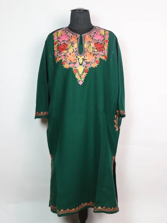 Yusra Kashmiri Pheran In Cashmilon wool With Aari Embroidery | Green